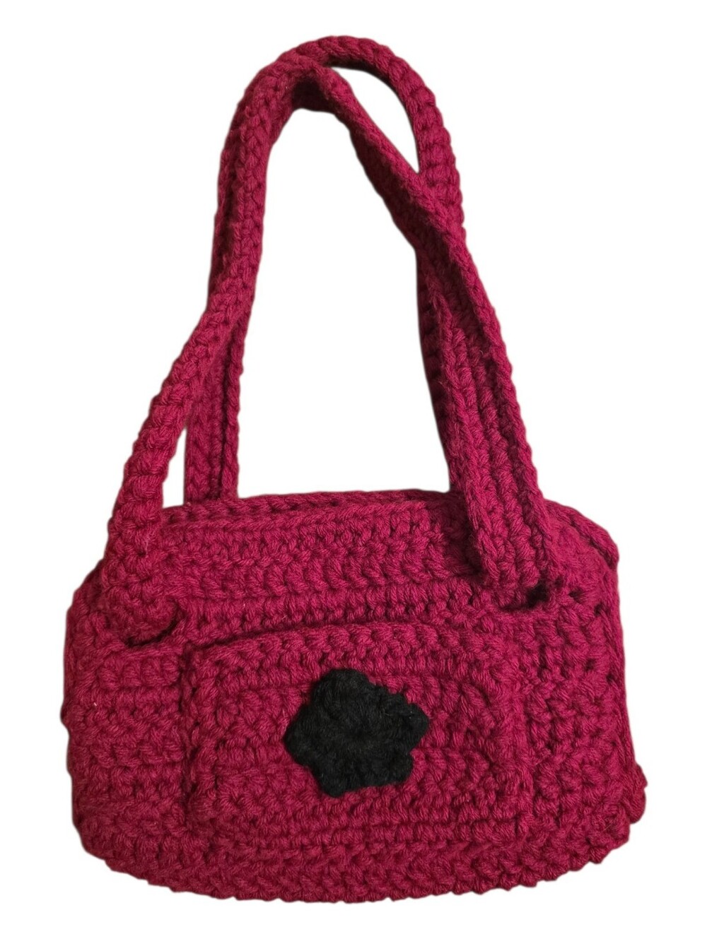Handmade Crochet BOHO Burgundry Shoulder Bag Purse With Black Flower Detail